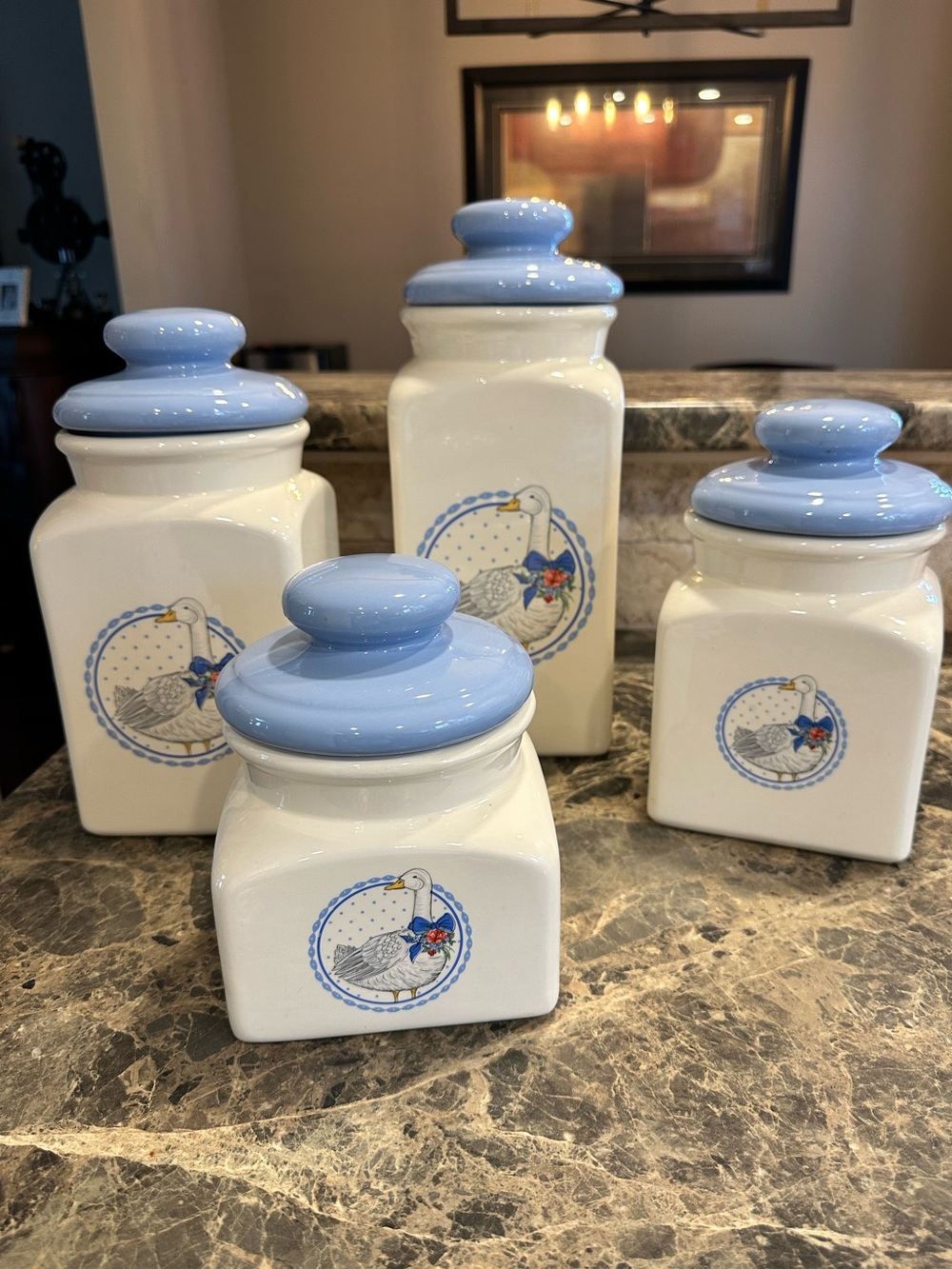 Blue-Top White Ceramic Canister Set of 4 with Goose Motif